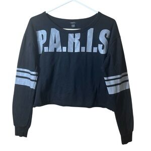 Rue 21 Paris Crop‎ Top Sweatshirt L Black Varsity Stripe Long Sleeve Pullover